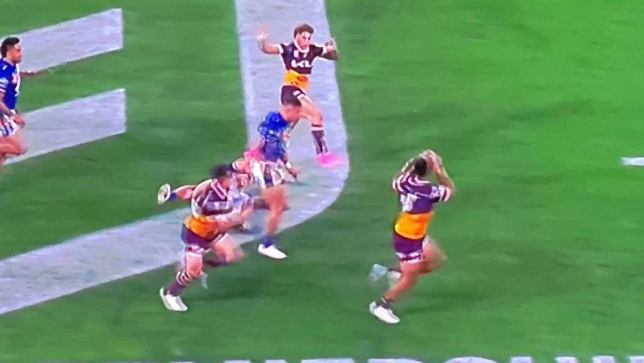 Reece Walsh throws a clear forward pass. Photo: Fox Sports.