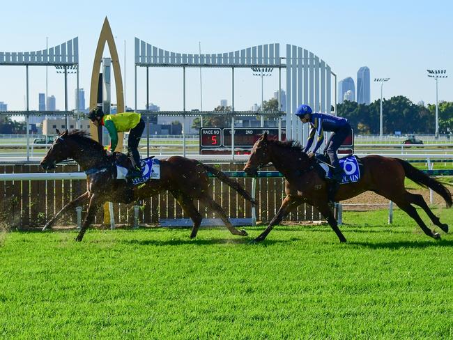 The first set of official Gold Coast course proper barrier trials on Wednesday morning received a tick, ahead of the imminent return to racing there. Picture: Grant Peters, Trackside Photography.