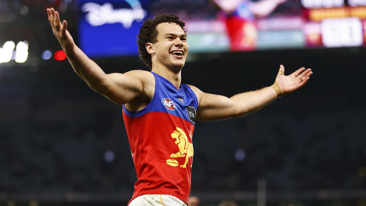 Cam Rayner celebrates his matchwinning performance against St Kilda. Picture: Daniel Pockett / AFL Photos via Getty Images