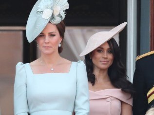 LONDON, ENGLAND - JUNE 09: Catherine, Duchess of Cambridge and Meghan, Duchess of Sussex on the balcony of Buckingham Palace during Trooping The Colour on June 9, 2018 in London, England. The annual ceremony involving over 1400 guardsmen and cavalry, is believed to have first been performed during the reign of King Charles II. The parade marks the official birthday of the Sovereign, even though the Queen's actual birthday is on April 21st.  (Photo by Chris Jackson/Getty Images)
