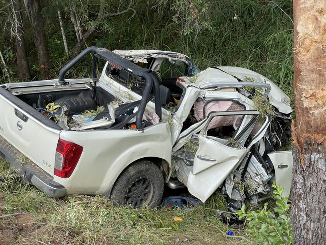 Aftermath of a fatal car crash on Oxford Downs Sarina Rd at Nebo southwest of Mackay, about 2km from the Marlborough Sarina Rd intersection, at 11.15am, March 13, 2024. Picture: Fergus Gregg