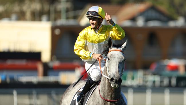 Tyler Schiller salutes to the crowd after guiding Briasa to victory in the TJ Smith Stakes at Randwick on Saturday. Photo: Jeremy Ng/Getty Images.