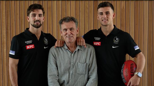 Josh Daicos (left) and Nick Daicos with their father and Collingwood legend Peter Daicos. Picture: Valeriu Campan