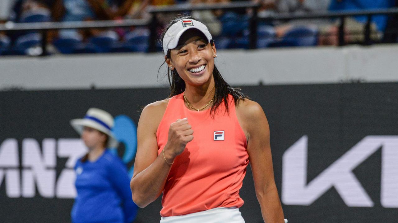 Priscilla Hon produced an almighty upset by defeating two-time Wimbledon champ Petra Kvitova. (Photo by Brenton Edwards / AFP)