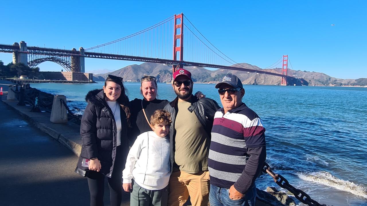 Left to right: Daughter Emmy Kunda, 31, mum Renae, 52, son Jordan, 28, dad Roy, 61, and grandson Eli, 7, at the Gold Gate Bridge in San Francisco. Picture: Supplied