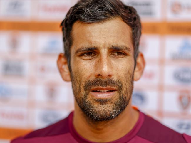 Roar goalkeeper Jamie Young is seen speaking to media after a Brisbane Roar training session at Logan Metro Sports Park, Brisbane, Friday, November 9, 2018. (AAP Image/Glenn Hunt) NO ARCHIVING