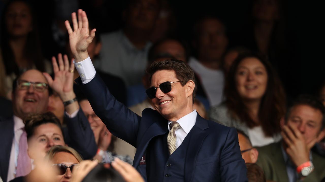 LONDON, ENGLAND - JULY 10:  Tom Cruise watches the Ladies' Singles Final match between Ashleigh Barty of Australia and Karolina Pliskova of The Czech Republic  on Day Twelve of The Championships - Wimbledon 2021 at All England Lawn Tennis and Croquet Club on July 10, 2021 in London, England. (Photo by Clive Brunskill/Getty Images)