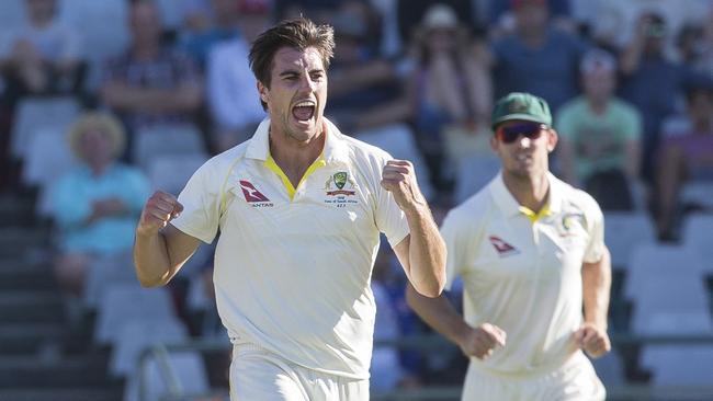Pat Cummins put Australia in a commanding position at the end of the first day’s play in Cape Town. Picture: AP/Halden Krog