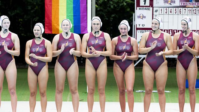 Some of the young Queensland Thunder team which has been guided by the likes of Bronwen Knox and Abby Andrews, far left, this season. (AAP Image/Richard Walker)