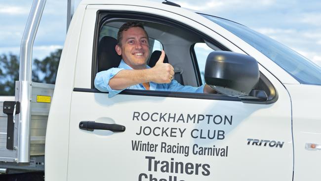 Thumbs up: Tony Gollan in the ute he won as top trainer during the Rockhampton carnival. Picture: Taron Clarke