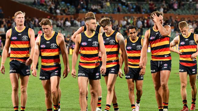 The dejected Crows trudge off Adelaide Oval after their kicking let them down against Geelong. Picture: Mark Brake/Getty Images