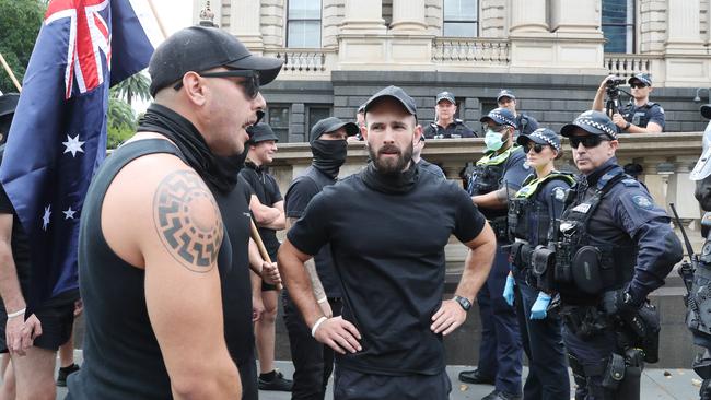 Thomas Sewell (centre) and the National Socialist Network have often been present at protests across Melbourne. Picture: NCA NewsWire/David Crosling