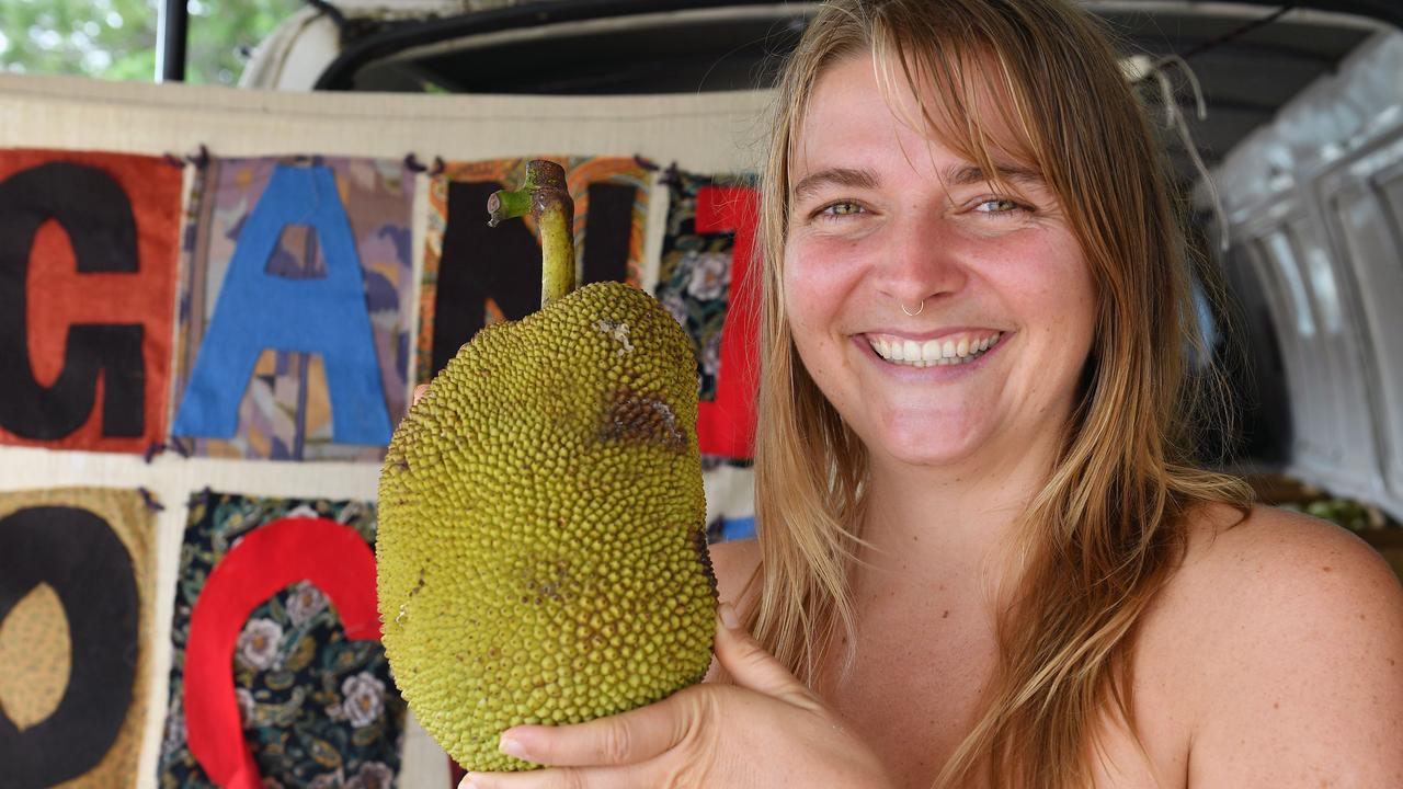 Nambi Haupt holds a Jack Fruit grown at a certified organic farm at Cameron's Pocket. Picture: Tony Martin