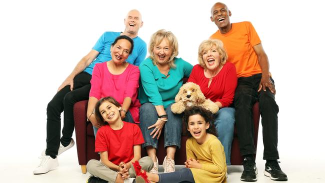 The Nannas and The Poppas (from left) Kokil Parikh, Tony Williams, Maggie-Mae Kent, Patti Gilbert and Calvin Welch, with kids Phoenix and Saffron Libotte. Picture: Tim Hunter.