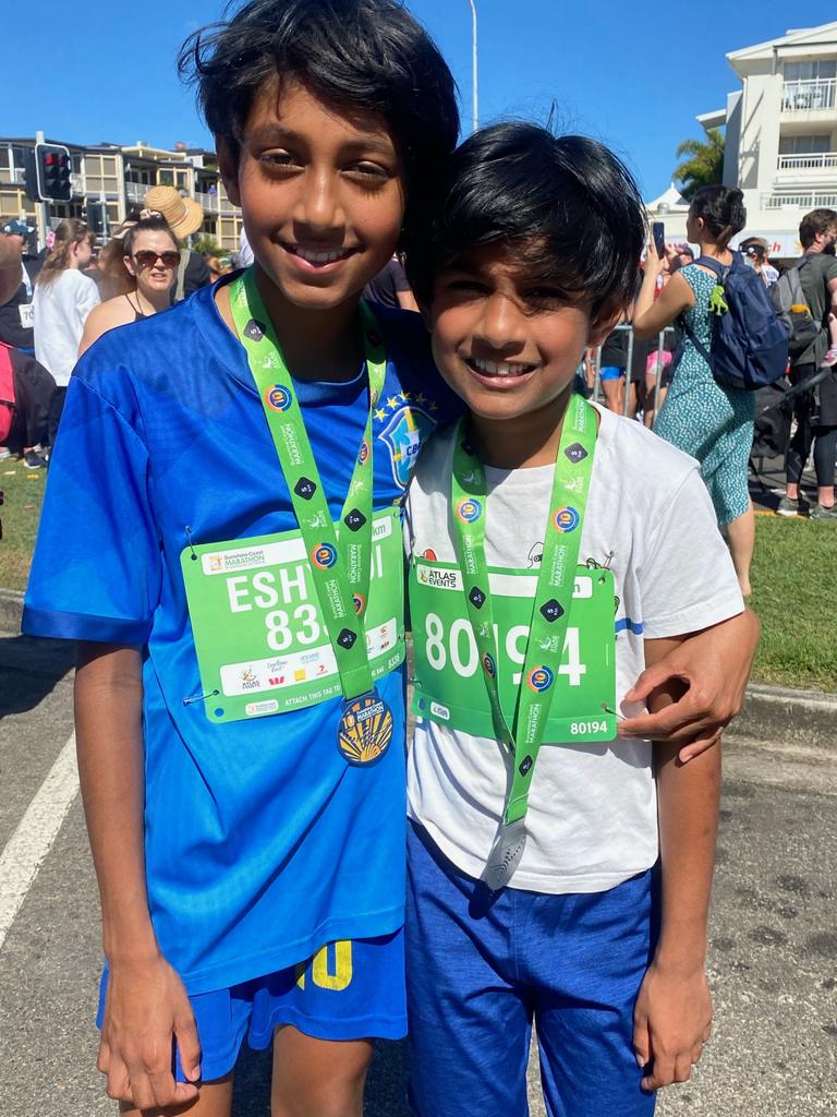 Eshan and Ervan Erigadoo after the 5km event at the 2022 Sunshine Coast Marathon and Community Run Festival.