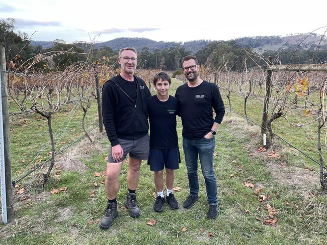 The Steels Gate Wines crew: Matt Davis, Sebastian Atkins-Davis and Brad Atkins at one of their two Yarra Glen vineyards Picture: Athos Sirianos