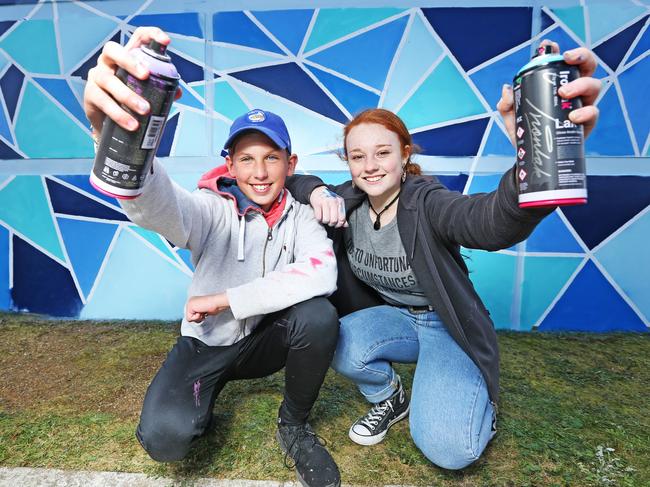 Bailey Harris, 13, and Dakota Kingston, 16, both of Kingston, who were involved in the artwork at the Blackmans Bay TasWater pump station. Picture: ZAK SIMMONDS