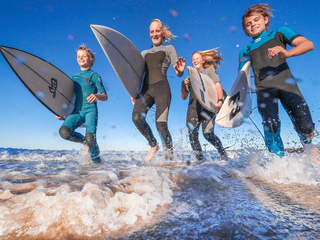 Snapper Rocks surfers Finley Watson, Phoebe Kane, Charlotte Mulley and Ty Richardson could be surfing at the 2032 Olympics. Picture: Nigel Hallett