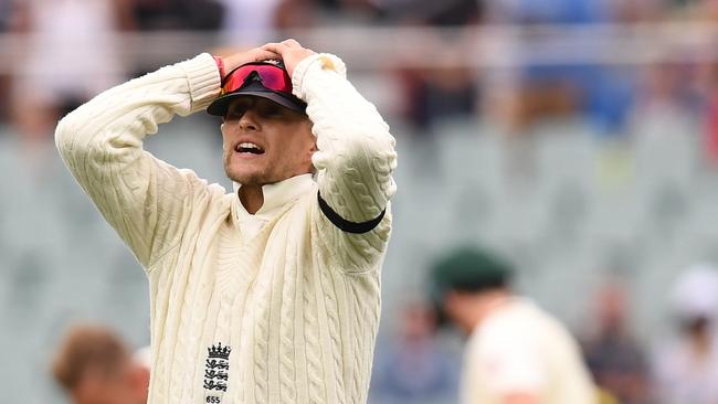England's captain Joe Root reacts during the first session of the day-night Test.