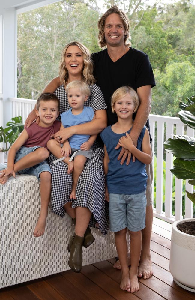 Abby Coleman with husband Scott Burdon and kids Finlay, 9, Jagger, 6, and Koa, 2. Picture: David Kelly