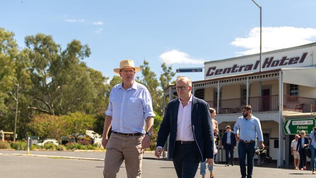 Federal member for Calare Andrew Gee walks with Prime Minister Anthony Albanese during the Eugowra floods. Picture: PMO via NCA NewsWire.