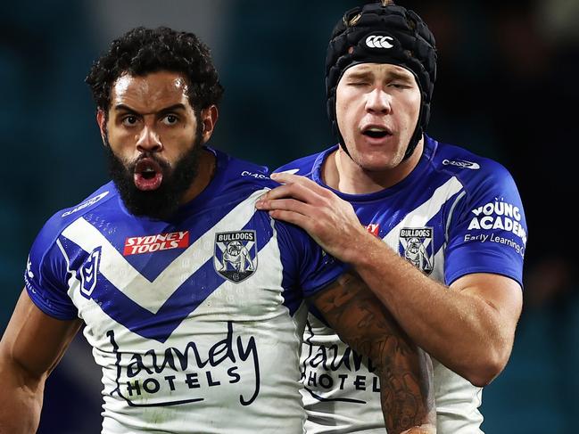 SYDNEY, AUSTRALIA - JUNE 13: Josh Addo-Carr of the Bulldogs celebrates with Matt Burton after scoring a try during the round 14 NRL match between the Canterbury Bulldogs and the Parramatta Eels at Accor Stadium, on June 13, 2022, in Sydney, Australia. (Photo by Matt King/Getty Images)