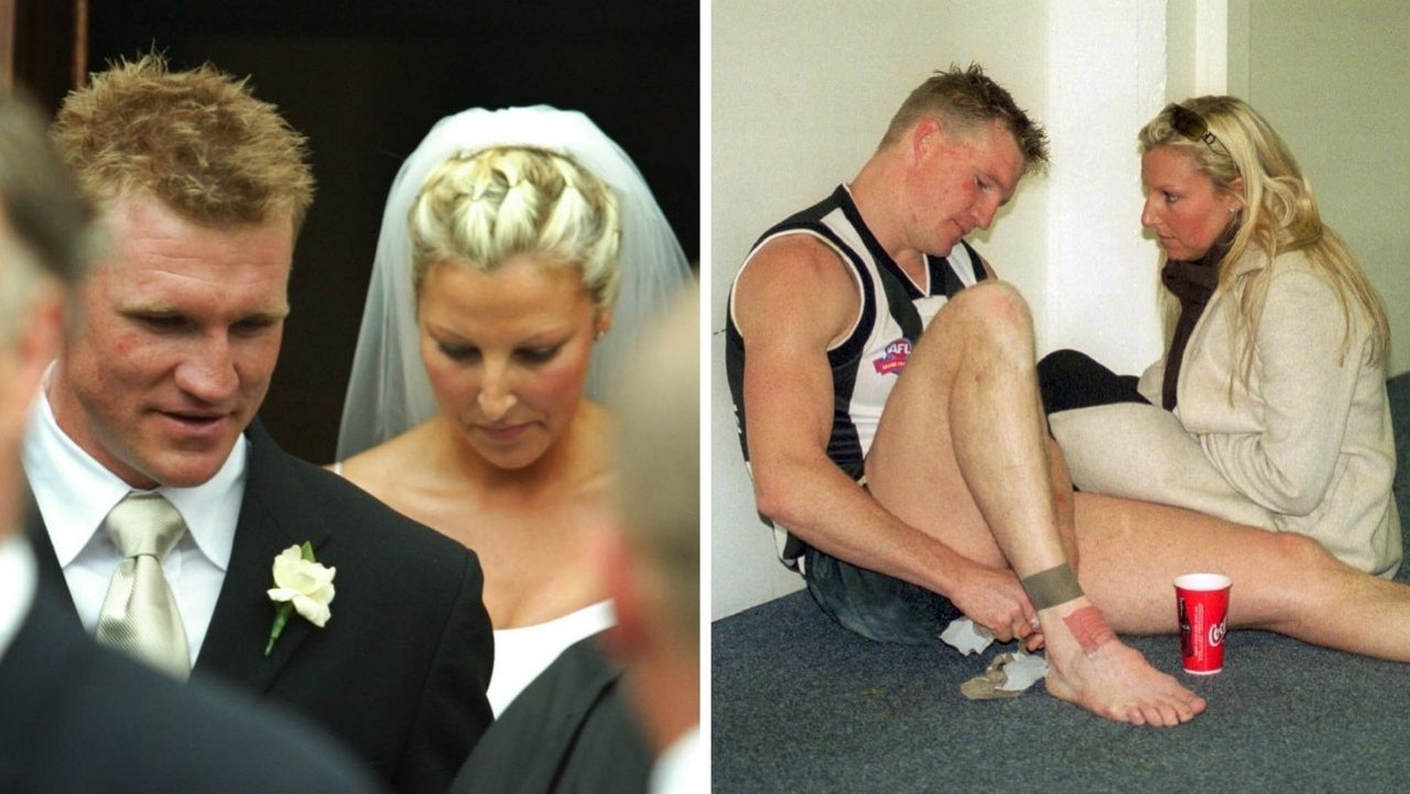 Nathan Buckley and Tania on their wedding day and after Collingwood's defeat in the 2002 Grand Final.