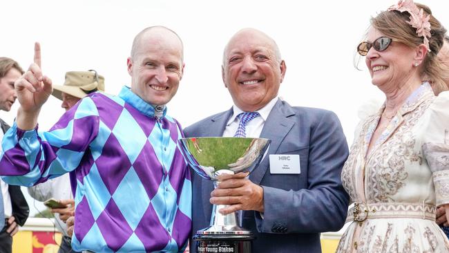 Tony Ottobre (middle) after Pride Of Jenni bounced out of retirement and won the Peter Young Stakes at Caulfield in March. Picture: Racing Photos