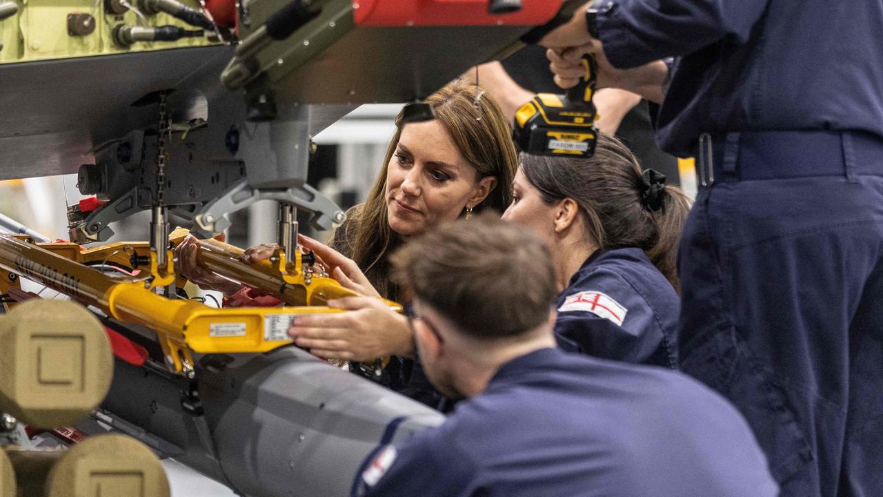 The Princess of Wales actively listening during her visit to Royal Naval Air Station (RNAS) Yeovilton in Ilchester, south west England on Monday. Picture: Richard Pohle / POOL / AFP