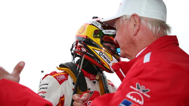 Scott McLaughlin shakes hands with Dick Johnson after clinching the 2019 Supercars title after the Sandown 500.