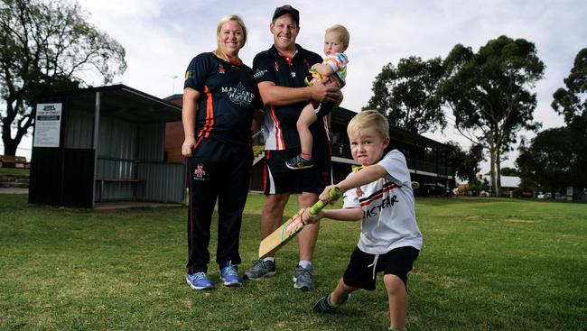 Payneham women's cricketer Donna Boerema with her husband Jake and children Byce, 5, (front) and Campbell, 2. Donna played the whole season while pregnant with her third child.                                              Picture: AAP/ Morgan Sette