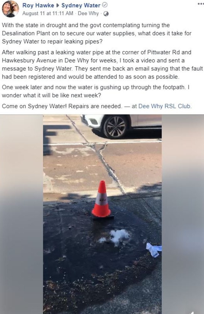 Facebook post by Roy Hawke on the ongoing water leak on Hawkesbury Ave in Dee Why.