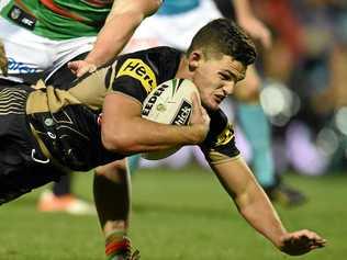 Nathan Cleary of the Panthers dives to score a try. Picture: DEAN LEWINS