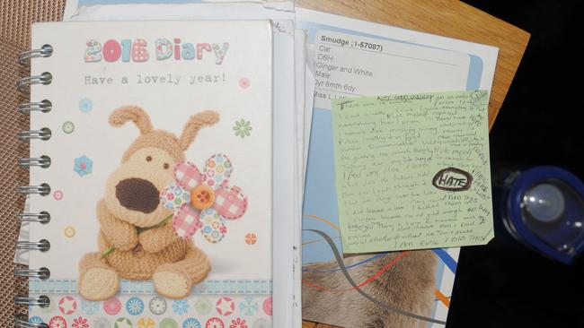 A handwritten note alongside the 2016 Diary of nurse Lucy Letby. Picture: AFP