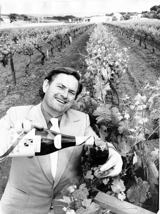 Francis d'Arenberg “d'Arry” Osborn as chairman of McLaren Vale Bushing Festival Ltd., pouring a glass of d'Arenberg Wines burgundy in 1975.