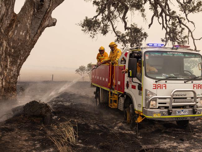 A CFA crew battles a spot fire near Glenthompson. Picture: Diego Fedele