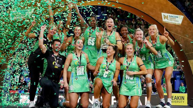 West Coast Fever celebrate winning the 2022 grand final