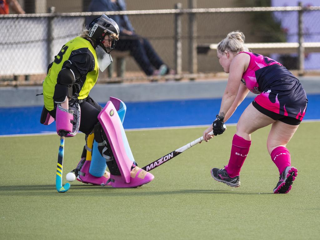 Emily Manhire scores for Toowoomba 2 against Townsville in Hockey Queensland Championships at Clyde Park, Saturday, May 1, 2021. Picture: Kevin Farmer