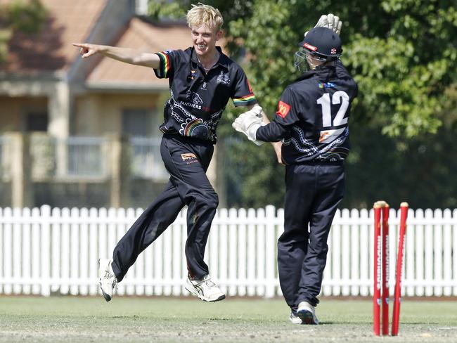 Penrith's Archer Sproule celebrates after bowling Sutherland captain Lucas Sheehy. Picture: John Appleyard