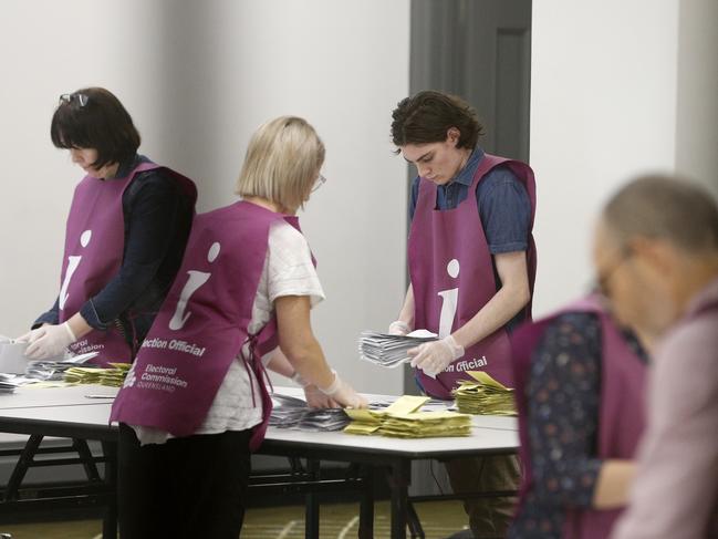 ECQ officials count votes at City Hall on Saturday night. Picture: Steve Pohlner