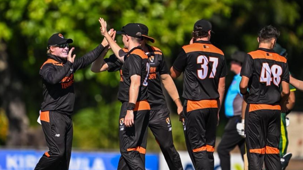 Coby Edmonstone and Tom Menzies high five while playing for the Northern Territory. Picture: NT Cricket