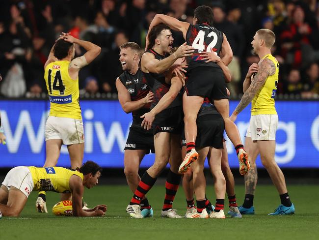 Essendon players celebrate after last year’s Dreamtime at the ‘G clash. Picture: Michael Klein