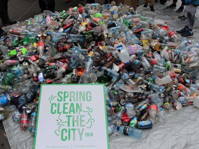 A massive haul of bottles and cans during a city clean-up has sparked renewed calls for a container deposit scheme to be introduced in Victoria. Picture: Mick Morley