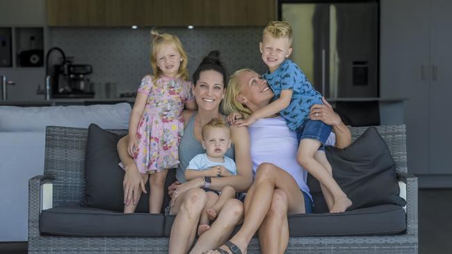 Erin Phillips with wife Tracy Gahan (L) and kids, Brooklyn, Drew, and Blake. Phillips will coach Brooklyn’s side at SMOSH West Lakes. Picture: Roy VanDerVegt