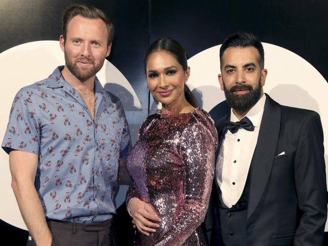 Neighbours star Sharon Johal, middle, with husband Ankur Dogra, right, and GQ Editor, Michael Christensen, left, at the GQ Supper Club dinner at Sean’s Kitchen, part of the Vogue Fashion Festival. Picture: Dean Martin.