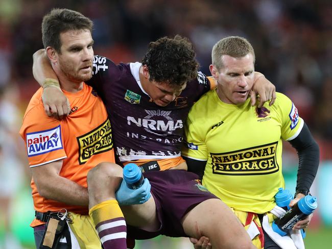 Matt Gillett of Brisbane celebrates his try with Alex Glenn and Anthony Milford during the NRL match between the Brisbane Broncos and the Penrith Panthers. Pic Darren England.