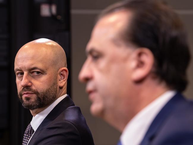 Former National Rugby League chief executive Todd Greenberg and Australian Rugby League Commission Chairman Peter V’landys speak to media during a press conference at Rugby League Central on March 23.