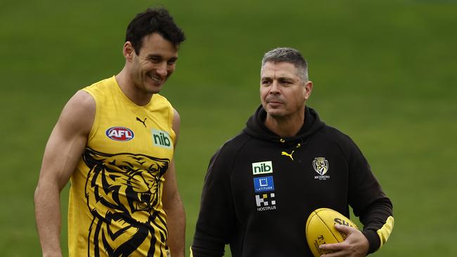 Adam Kingsley, pictured right with Richmond defender Robbie Tarrant, is the Giants’ new senior coach. Picture: Getty Images