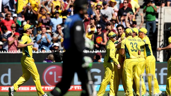 The Aussies celebrate knocking over Brendon McCullum early in the 2015 decider.