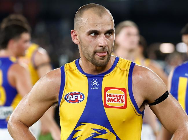 MELBOURNE, AUSTRALIA - MAY 12: Dom Sheed of the Eagles looks dejected after a loss during the 2024 AFL Round 09 match between the Collingwood Magpies and the West Coast Eagles at Marvel Stadium on May 12, 2024 in Melbourne, Australia. (Photo by Michael Willson/AFL Photos via Getty Images)